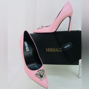 VERSACE Pink leather Heels with Silver Medussa Embellishment NWT